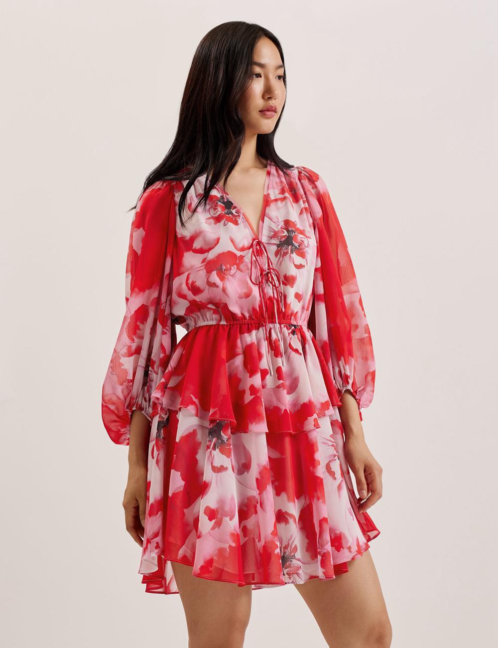 Mini Vestido Ted Baker LEYNA - Floral Chiffon Front Mujer Rojas | MKHO-14823