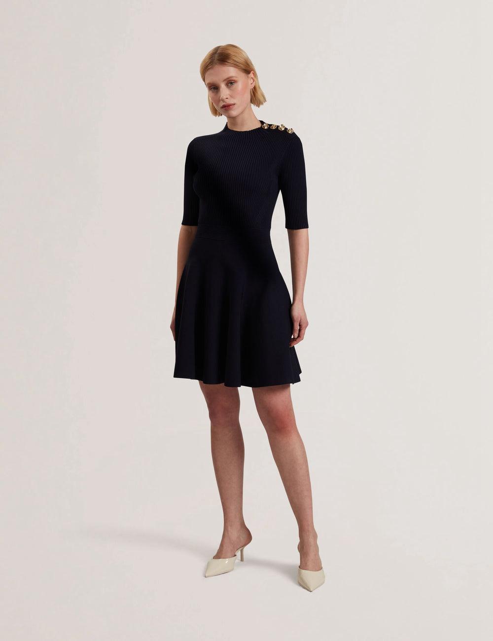Mini Vestido Ted Baker LILANO - Ribbed Knit Skater With Rose Buttons Mujer Azul Marino | IOYJ-64321