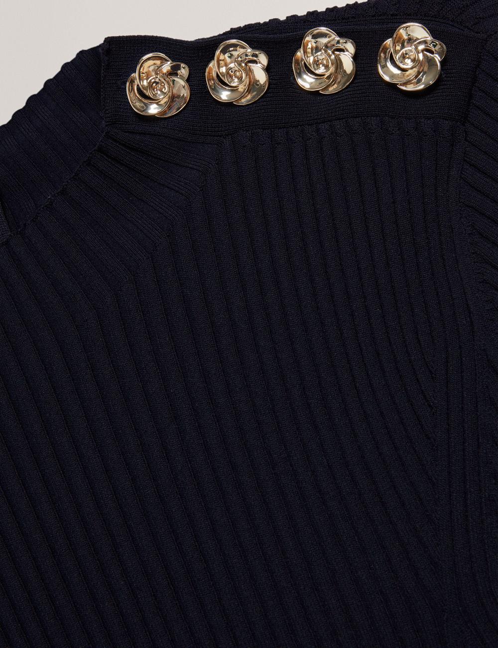 Mini Vestido Ted Baker LILANO - Ribbed Knit Skater With Rose Buttons Mujer Azul Marino | IOYJ-64321