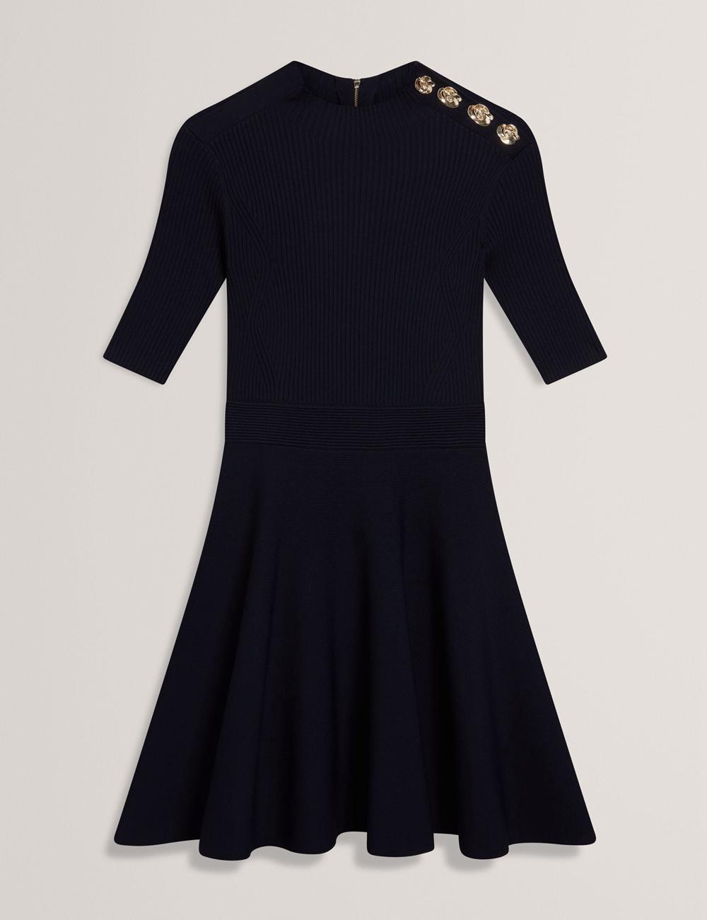 Mini Vestido Ted Baker LILANO - Ribbed Knit Skater With Rose Buttons Mujer Azul Marino | IOYJ-64321