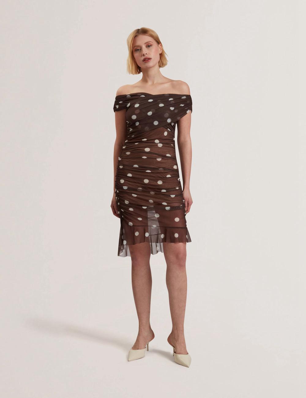 Mini Vestido Ted Baker TILDAHH - Off-Shoulder Polka Dot Mesh Mujer Marrones | MNZD-80591