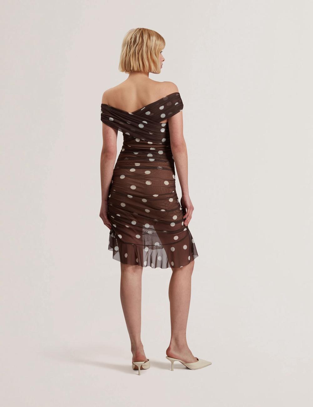 Mini Vestido Ted Baker TILDAHH - Off-Shoulder Polka Dot Mesh Mujer Marrones | MNZD-80591