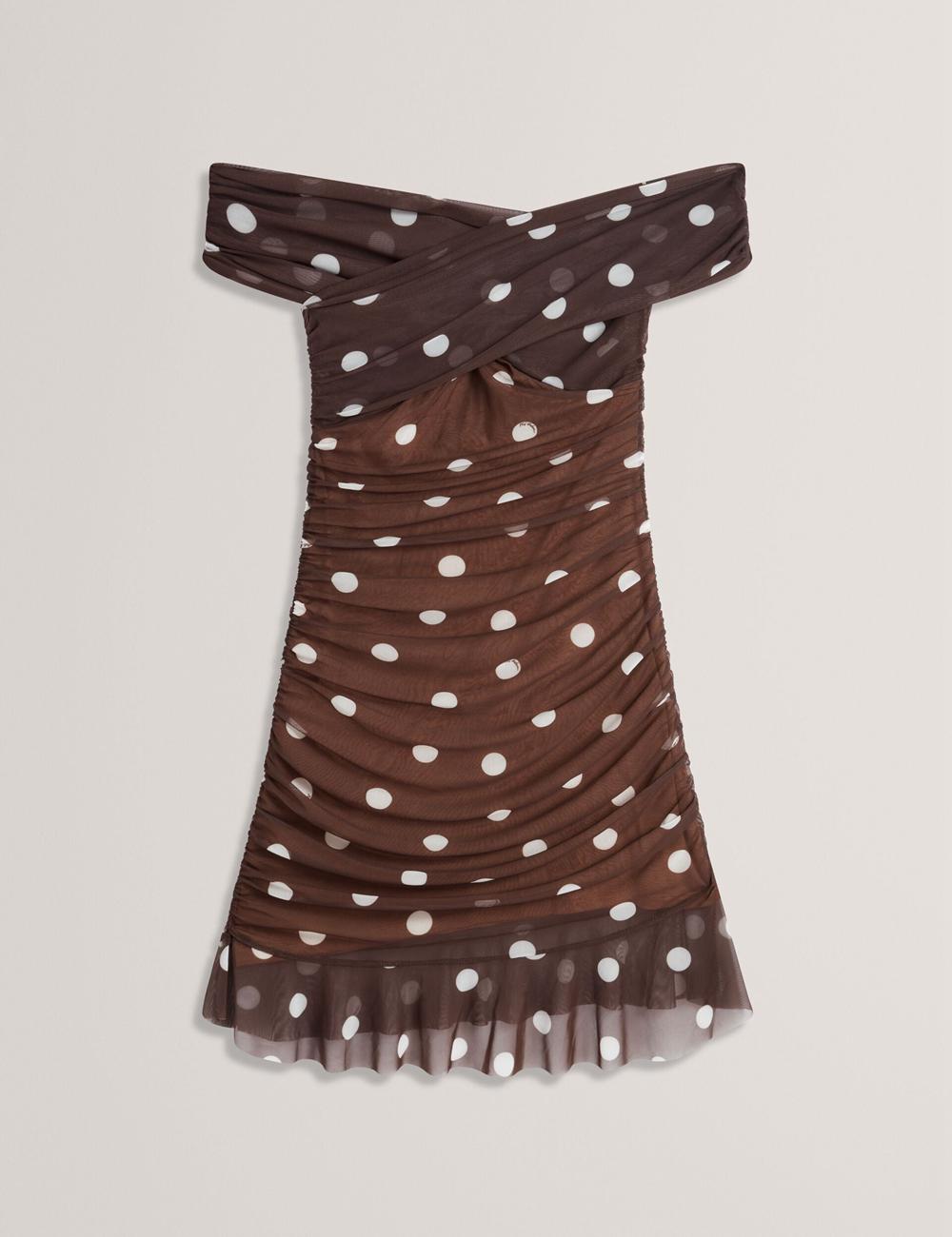 Mini Vestido Ted Baker TILDAHH - Off-Shoulder Polka Dot Mesh Mujer Marrones | MNZD-80591