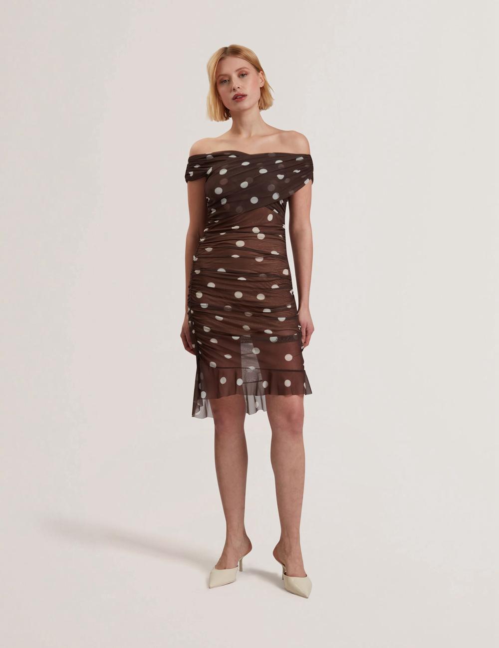 Mini Vestido Ted Baker TILDAHH - Off-Shoulder Polka Dot Mesh Mujer Marrones | MNZD-80591