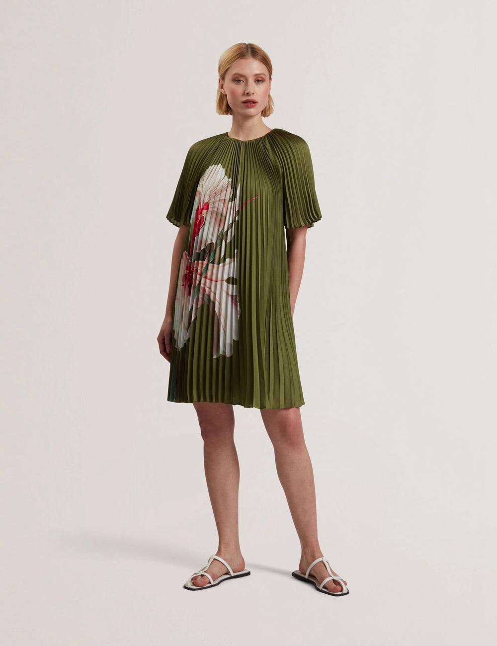Mini Vestido Ted Baker VINLAA - Floral Graphic Pleated Satin Mujer Verde | DOKG-04918