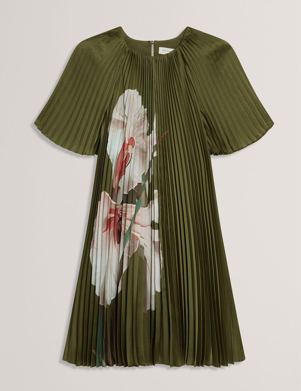 Mini Vestido Ted Baker VINLAA - Floral Graphic Pleated Satin Mujer Verde | DOKG-04918