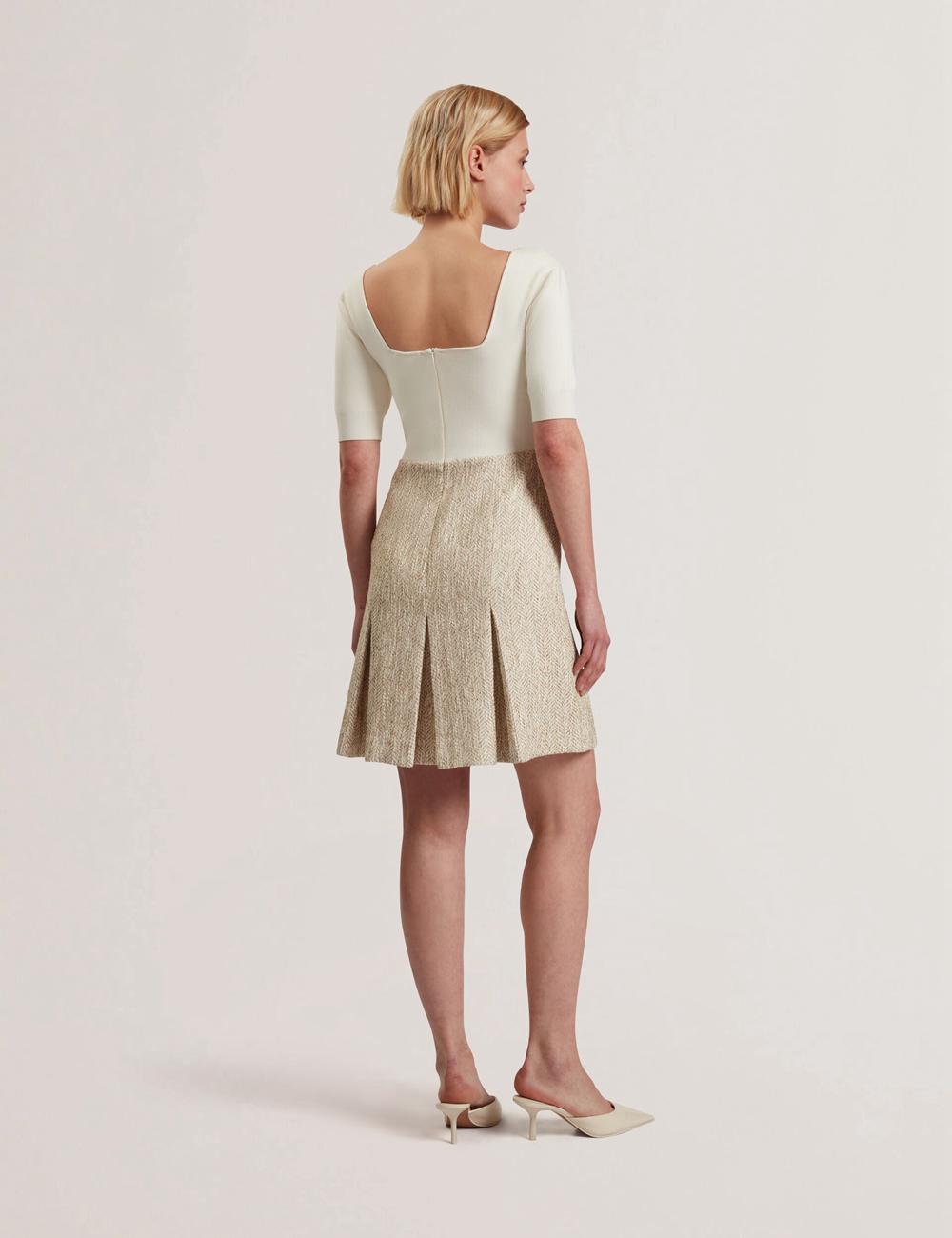 Mini Vestido Ted Baker VULPAD - Pleated Boucle With Knit Bodice Mujer Ivory | HECW-19682