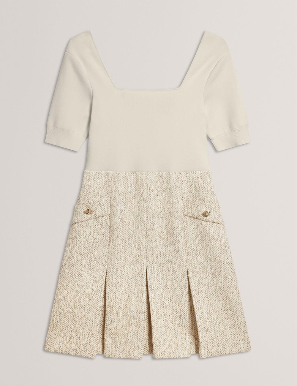 Mini Vestido Ted Baker VULPAD - Pleated Boucle With Knit Bodice Mujer Ivory | HECW-19682