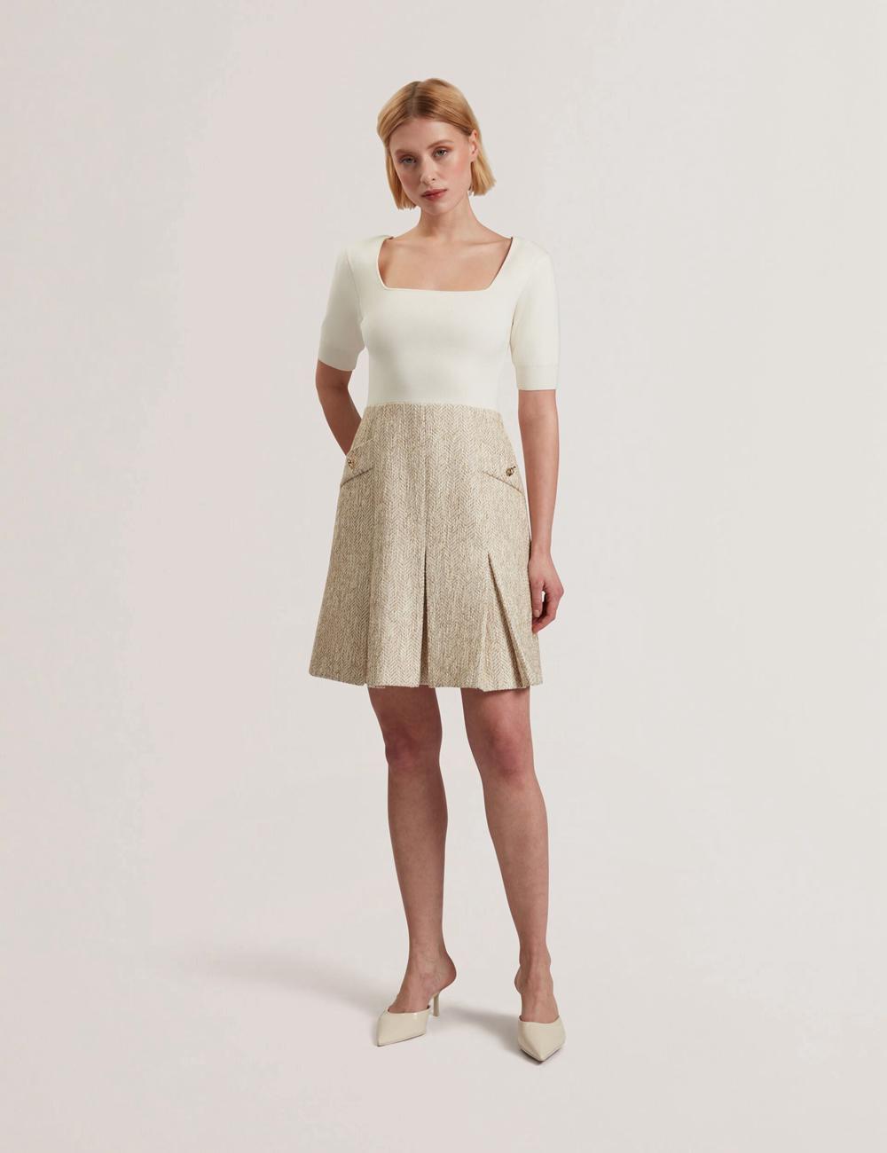Mini Vestido Ted Baker VULPAD - Pleated Boucle With Knit Bodice Mujer Ivory | HECW-19682