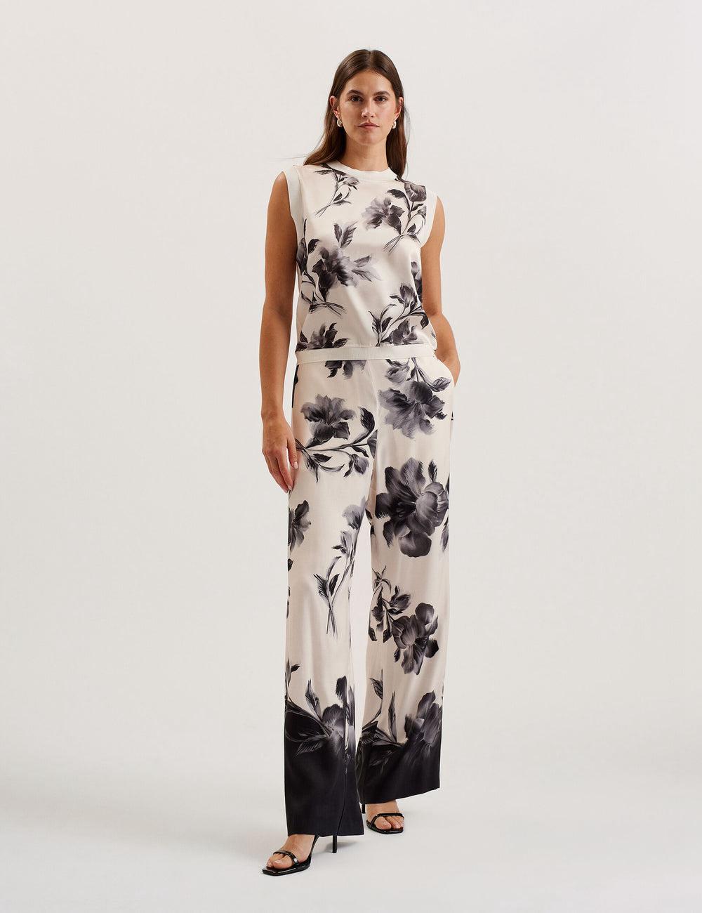 Pantalones Ted Baker AWYNA - Floral Print Pull-On Wide Leg Mujer Negras | KJQX-16824