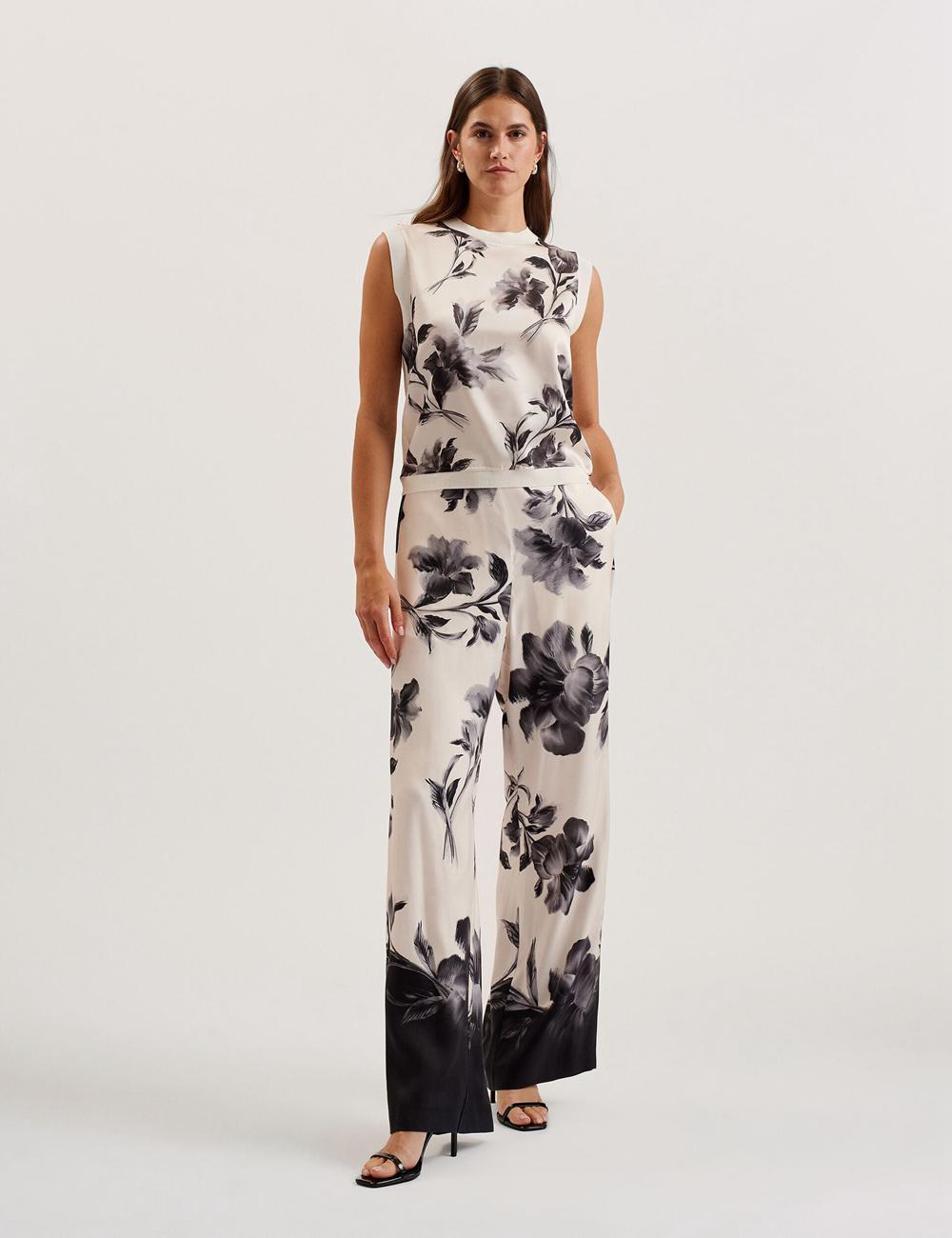 Pantalones Ted Baker AWYNA - Floral Print Pull-On Wide Leg Mujer Negras | KJQX-16824