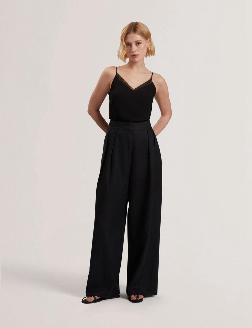 Pantalones Ted Baker KYFAAT - Pure Linen Tailored Wide Leg Mujer Negras | DRWQ-37590