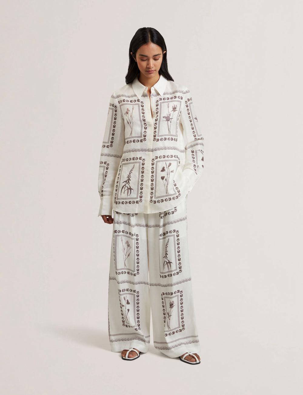 Pantalones Ted Baker ORNITHA - Panel Print Silk Linen Wide Leg Mujer Ivory | JRVB-58279
