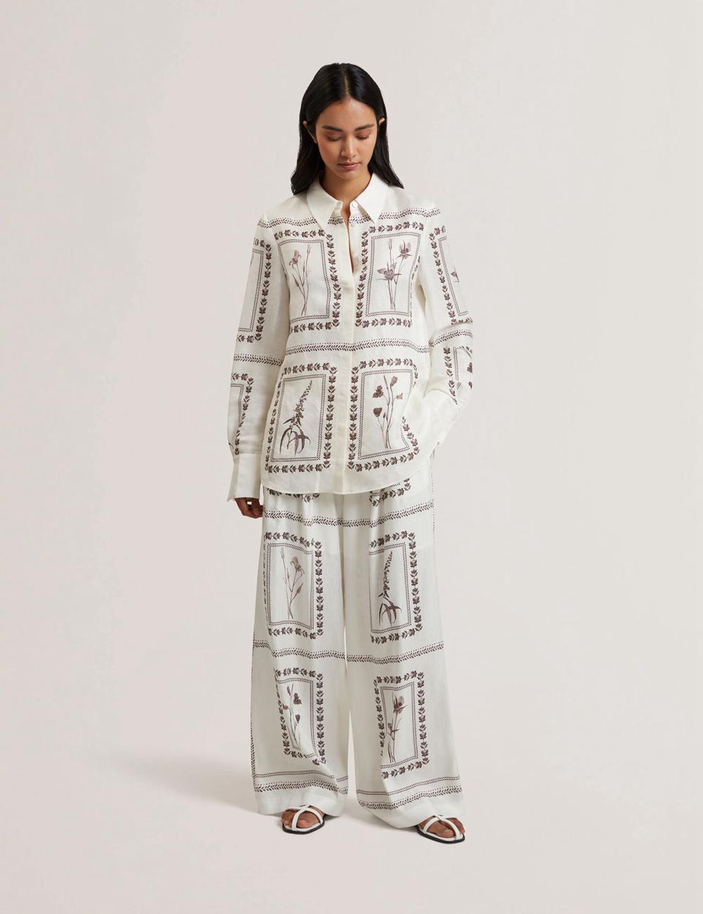 Pantalones Ted Baker ORNITHA - Panel Print Silk Linen Wide Leg Mujer Ivory | JRVB-58279