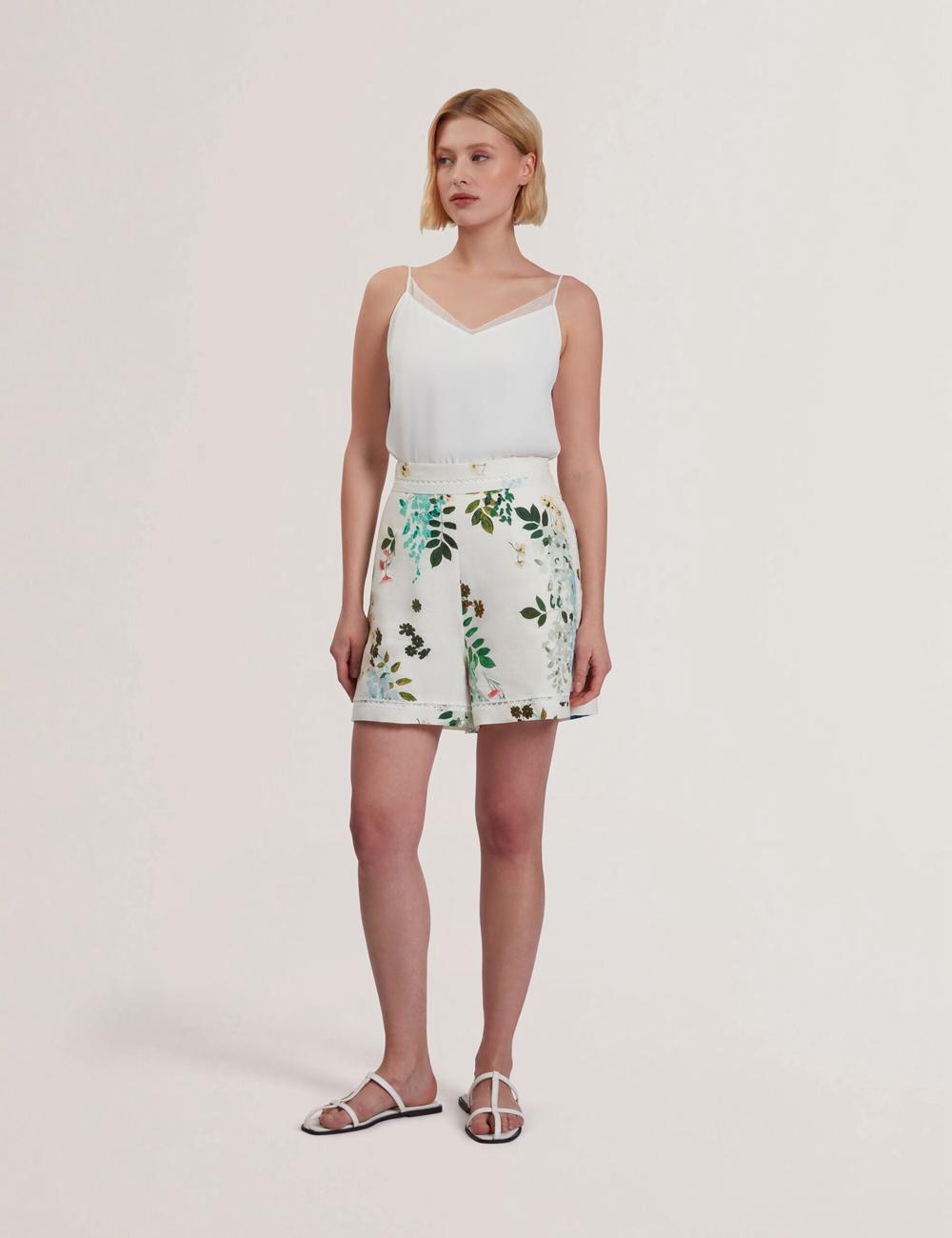 Short Ted Baker VYLLA - Floral High Waist Linen With Trim Detail Mujer Blancas | ICVO-26037
