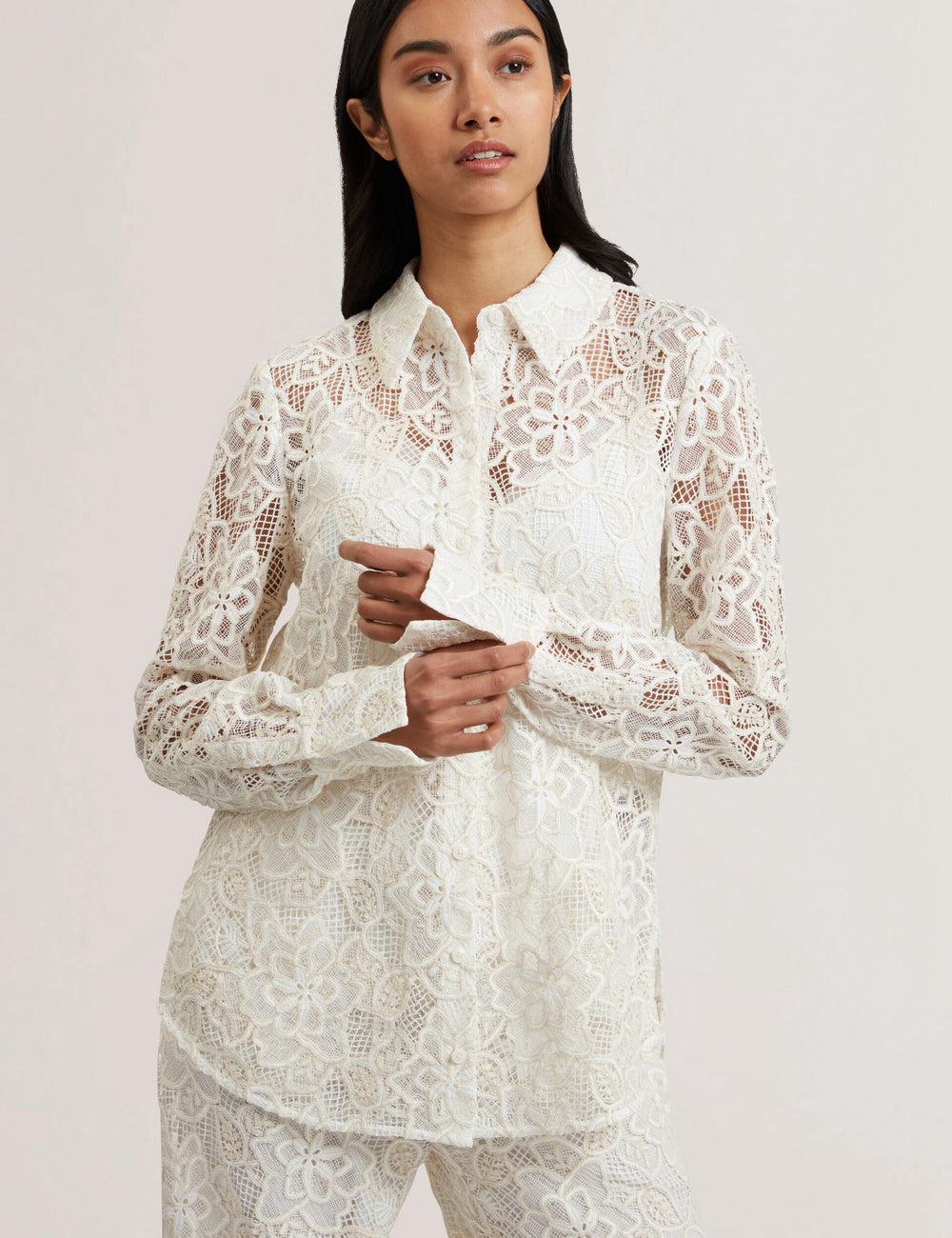 Tops Ted Baker BLOND - Floral Lace Longline Cotton Shirt Mujer Ivory | GKTH-10486