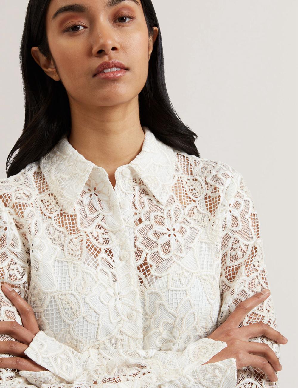 Tops Ted Baker BLOND - Floral Lace Longline Cotton Shirt Mujer Ivory | GKTH-10486
