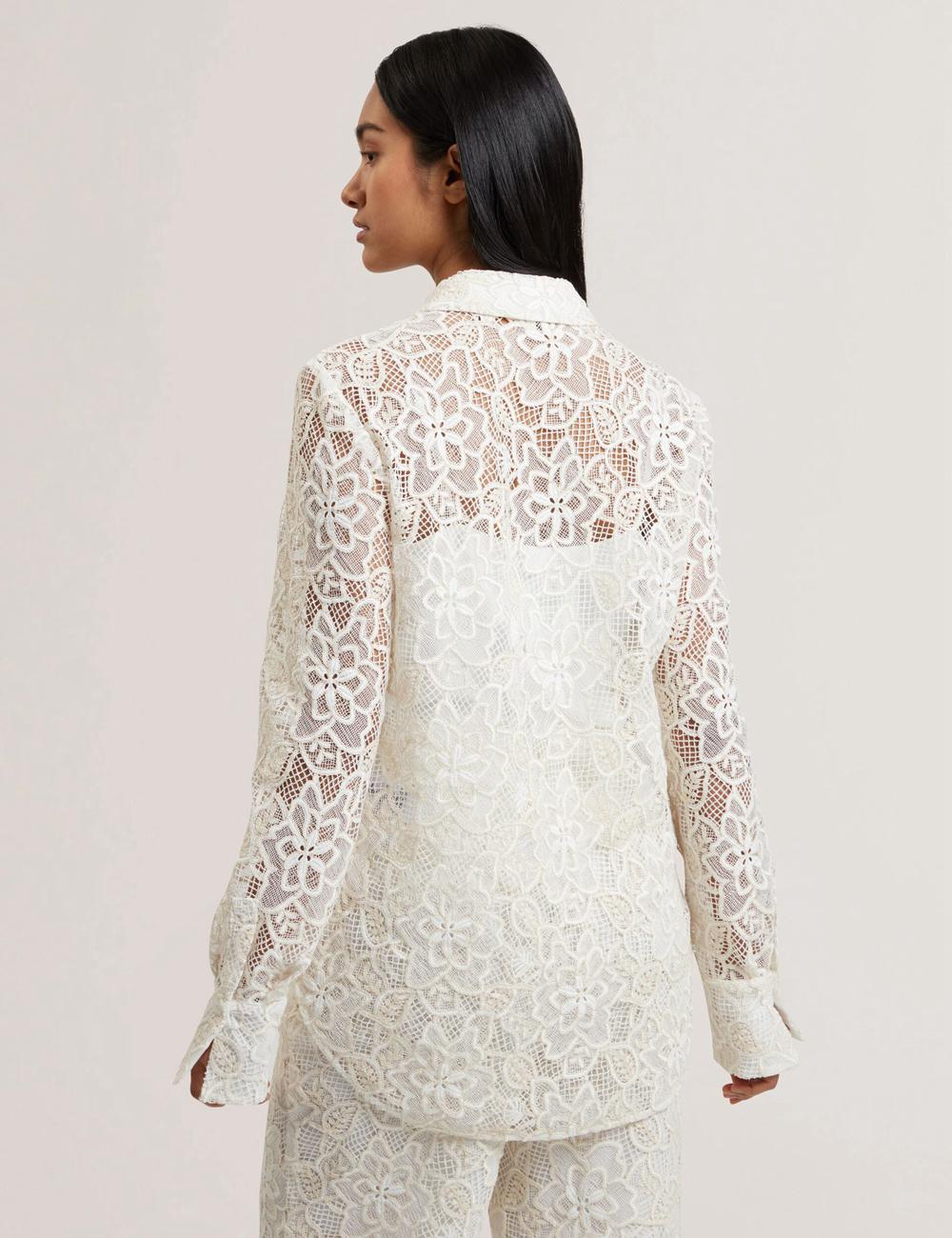 Tops Ted Baker BLOND - Floral Lace Longline Cotton Shirt Mujer Ivory | GKTH-10486
