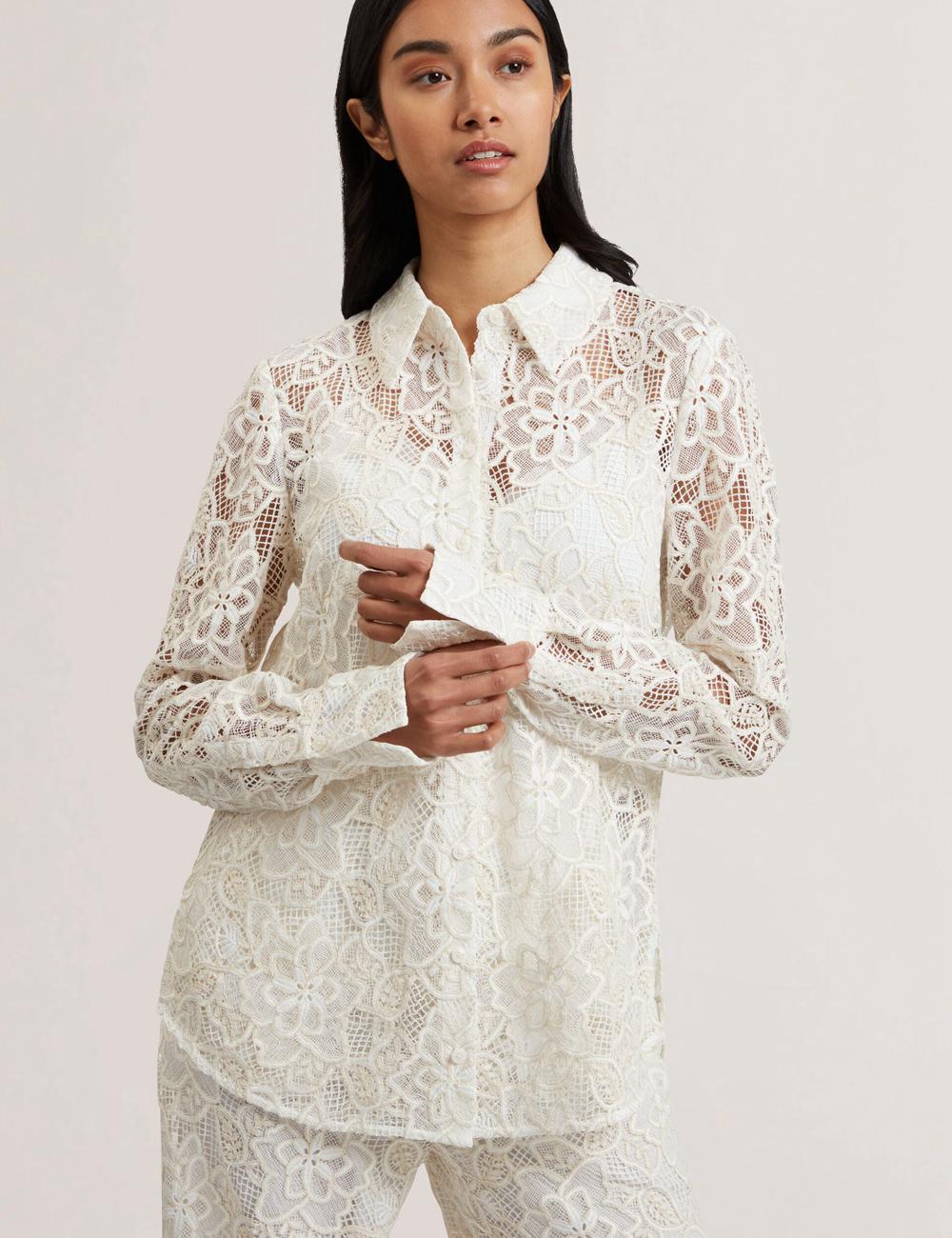 Tops Ted Baker BLOND - Floral Lace Longline Cotton Shirt Mujer Ivory | GKTH-10486