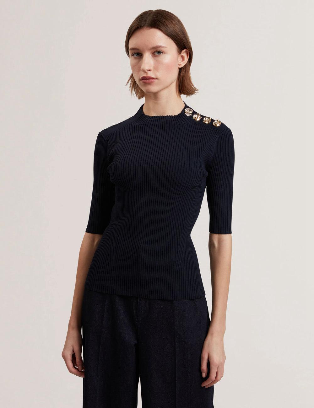 Tops Ted Baker EELIIA - Ribbed Knit Short Sleeve With Rose Buttons Mujer Azul Marino | UXQH-62930