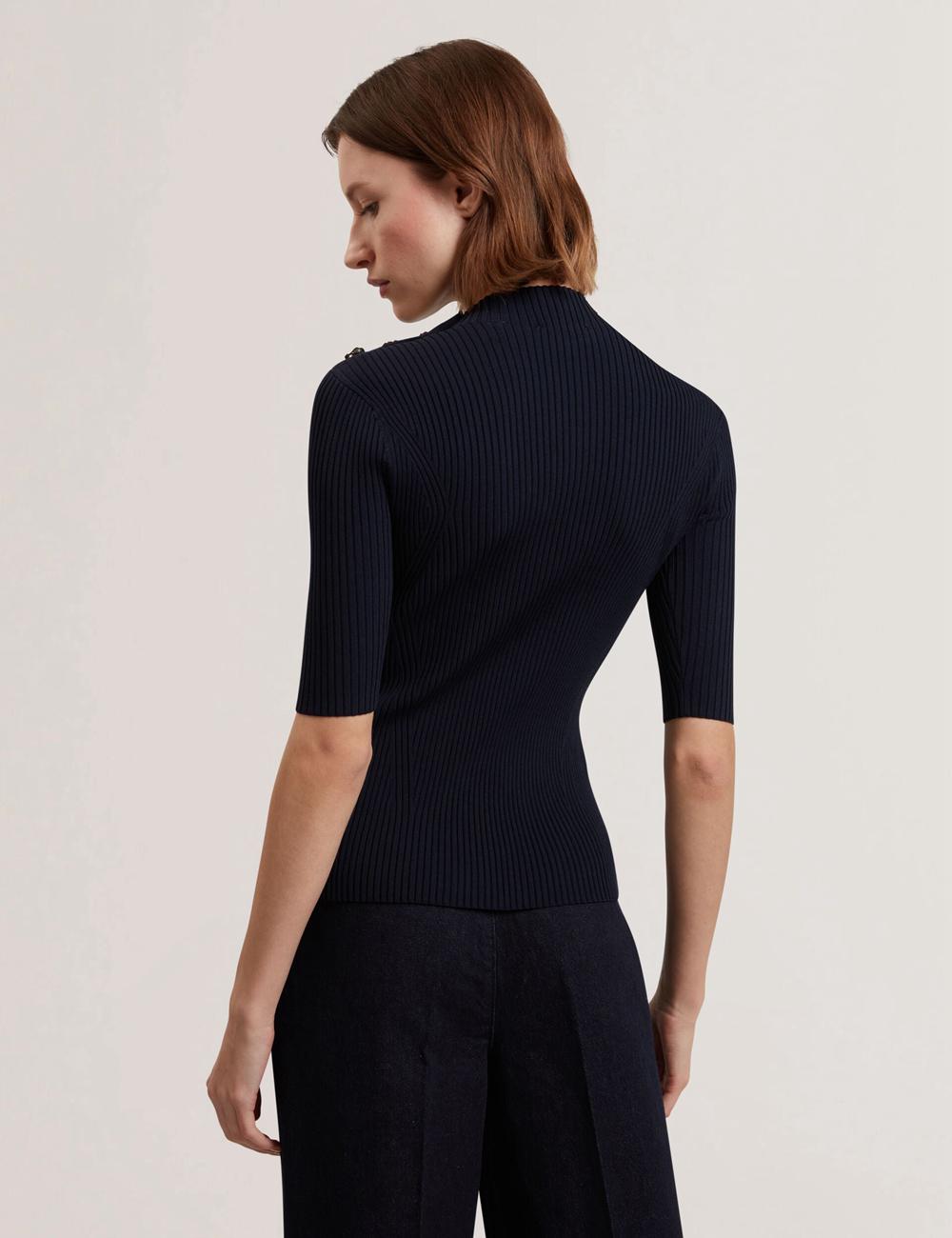 Tops Ted Baker EELIIA - Ribbed Knit Short Sleeve With Rose Buttons Mujer Azul Marino | UXQH-62930
