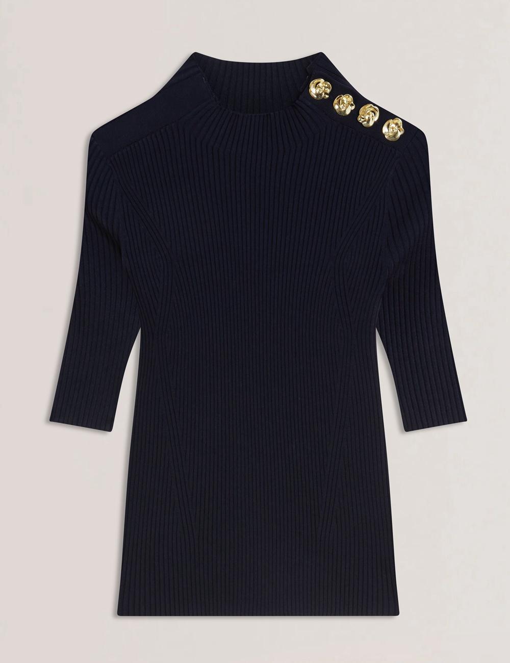 Tops Ted Baker EELIIA - Ribbed Knit Short Sleeve With Rose Buttons Mujer Azul Marino | UXQH-62930