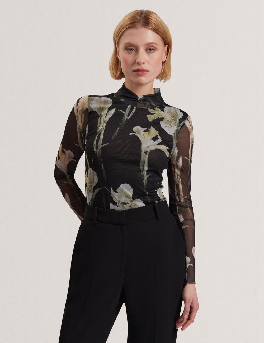 Tops Ted Baker FIAAHH - Floral Print High Neck Sheer Mesh Mujer Negras | PBUD-95637