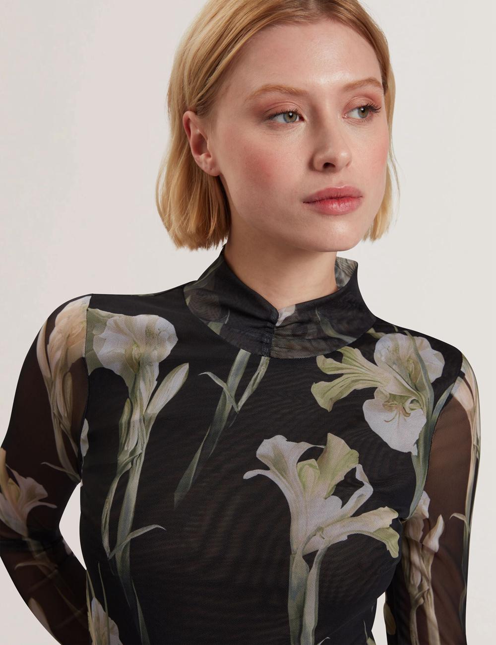 Tops Ted Baker FIAAHH - Floral Print High Neck Sheer Mesh Mujer Negras | PBUD-95637