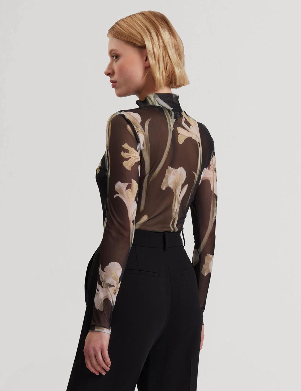 Tops Ted Baker FIAAHH - Floral Print High Neck Sheer Mesh Mujer Negras | PBUD-95637