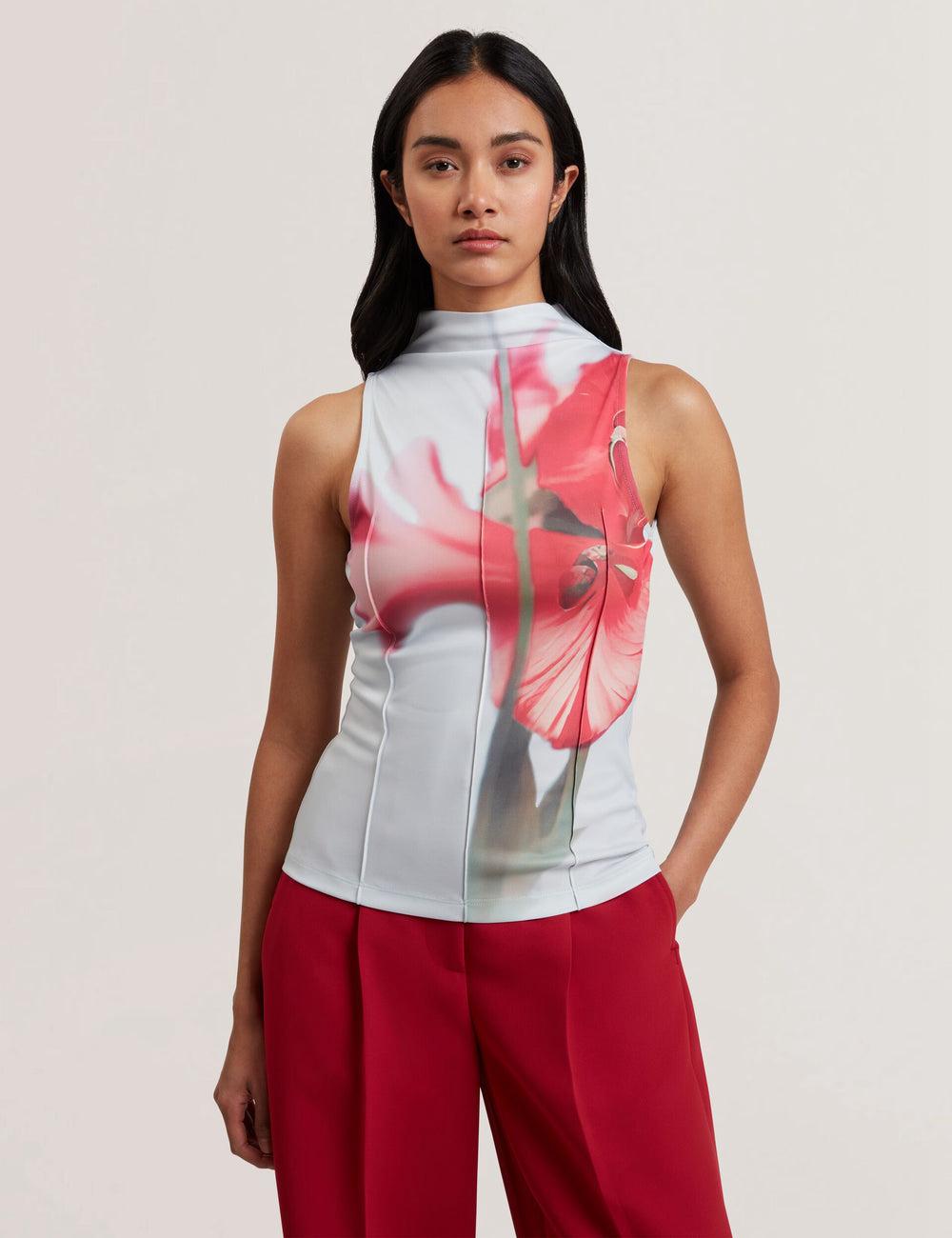 Tops Ted Baker HARPLNN - Floral High Neck Jersey Mujer Azules | WMPO-31762
