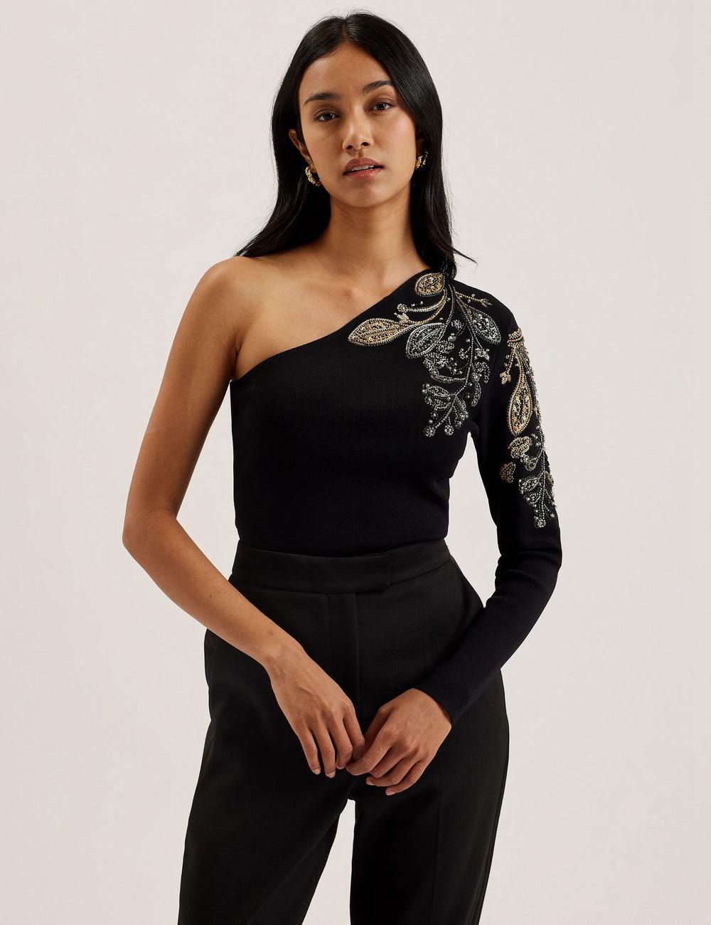 Tops Ted Baker HEATHRR - One Shoulder Embellished Detail Mujer Negras | IZSQ-57634