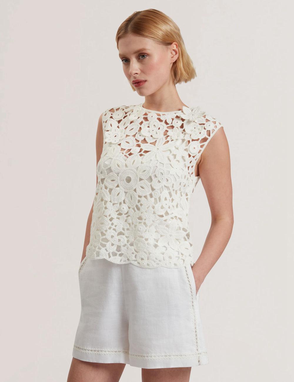 Tops Ted Baker JOYYRA - Floral Crochet Knit Sleeveless Mujer Blancas | STUO-49271