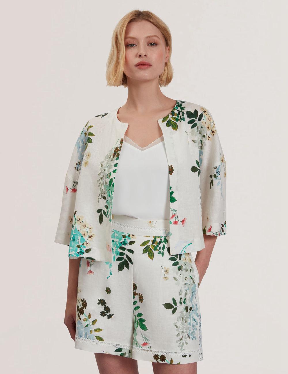 Tops Ted Baker KALNA - Printed Linen Short Sleeve Cropped Shirt Mujer Blancas | INAR-48016