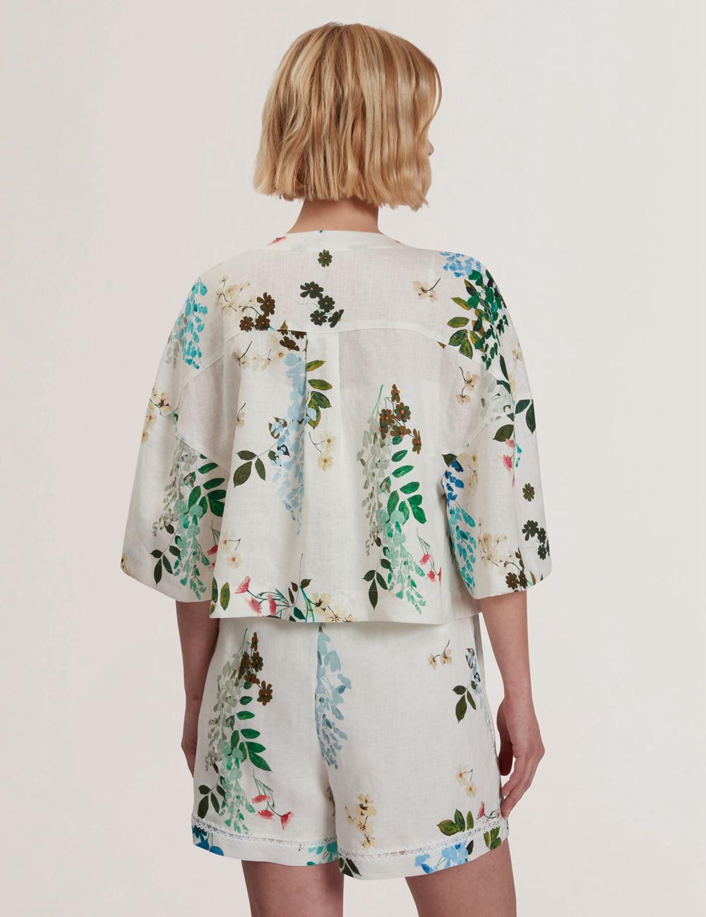 Tops Ted Baker KALNA - Printed Linen Short Sleeve Cropped Shirt Mujer Blancas | INAR-48016