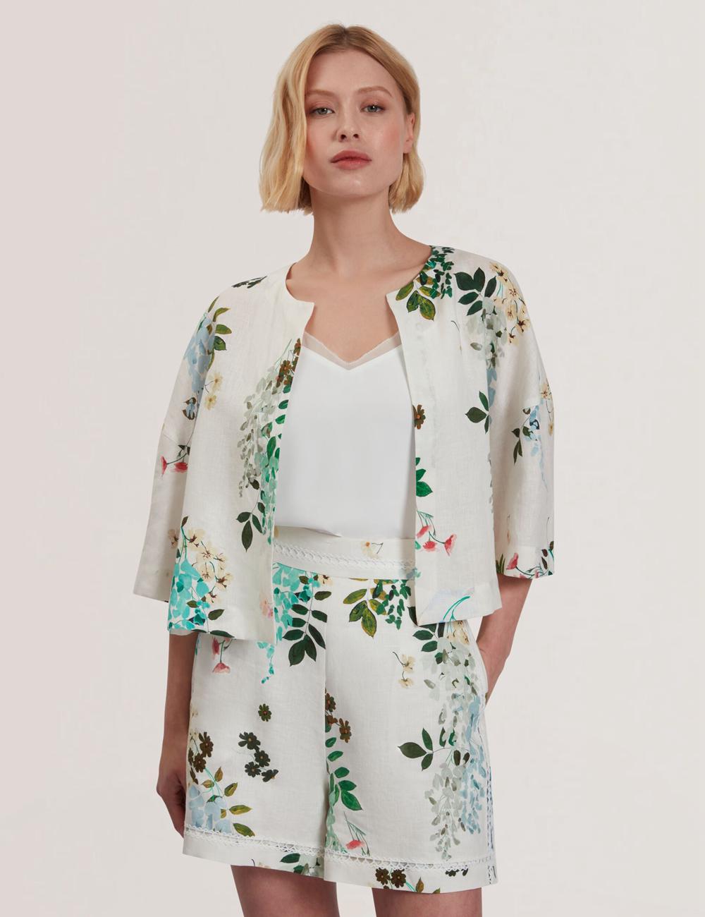 Tops Ted Baker KALNA - Printed Linen Short Sleeve Cropped Shirt Mujer Blancas | INAR-48016