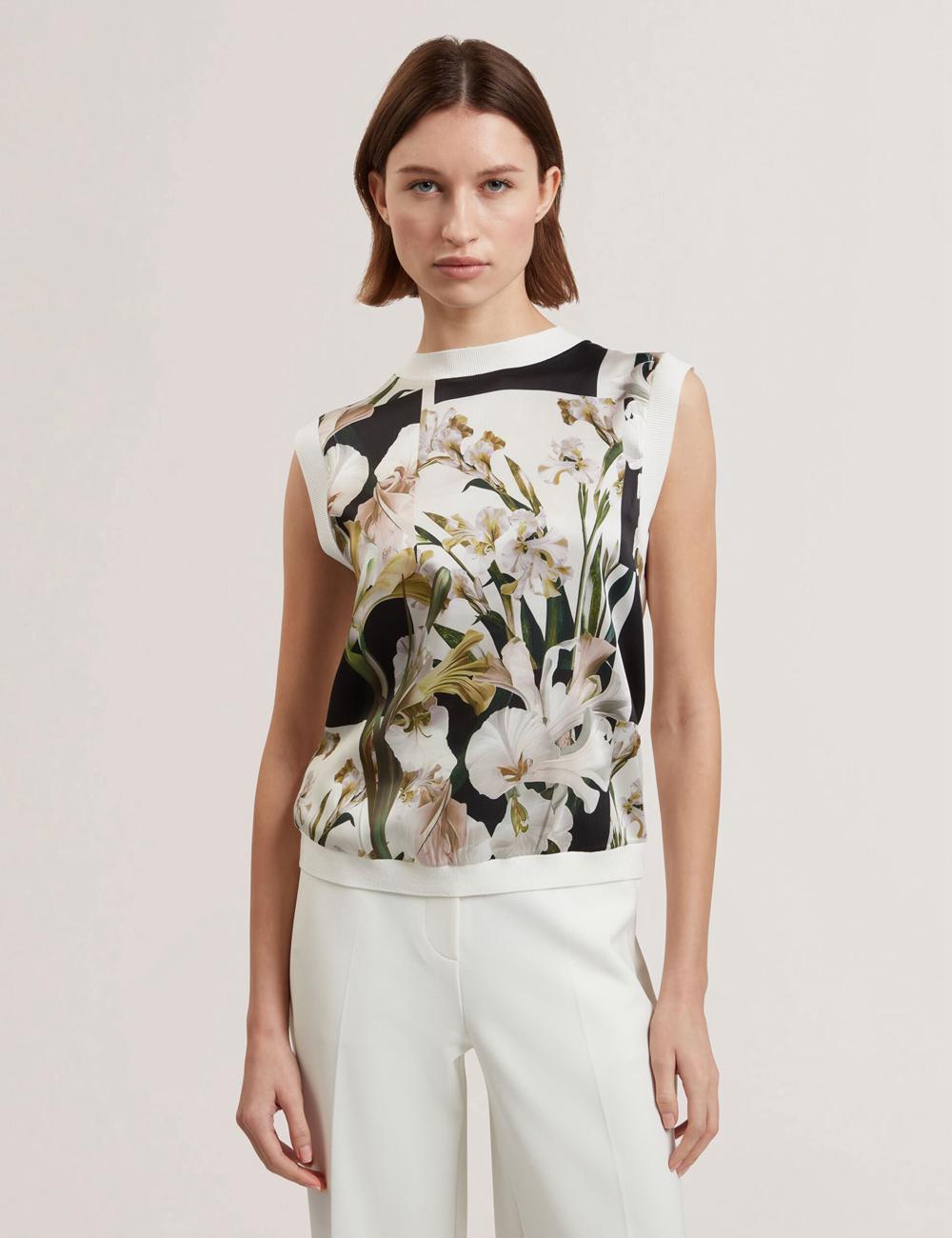 Tops Ted Baker LIILEA - Floral Print Front Boxy Knitted Mujer Ivory | IYZD-52367