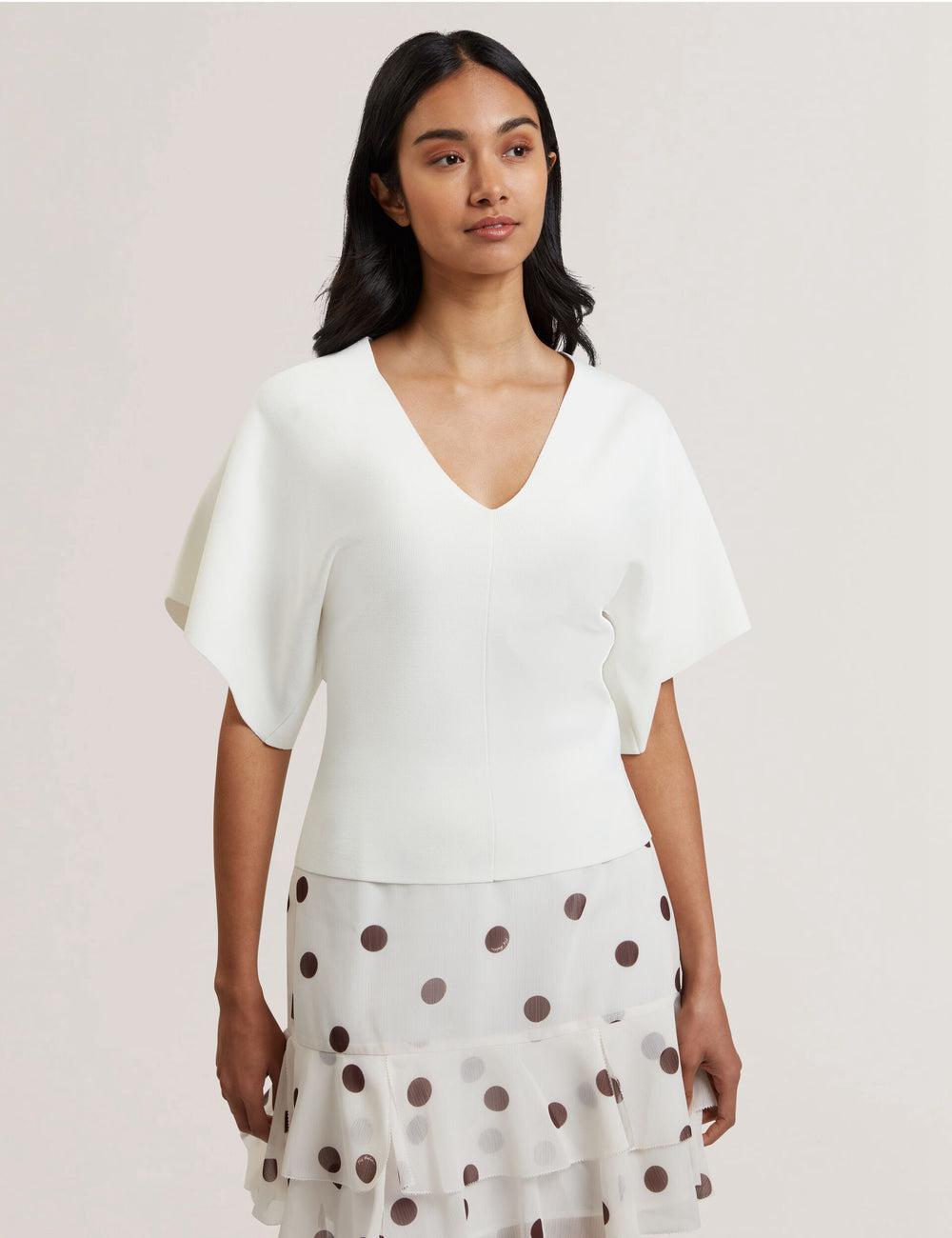Tops Ted Baker REGINAH - Wide Short Sleeve V-Neck Knitted Mujer Ivory | GQPV-23790