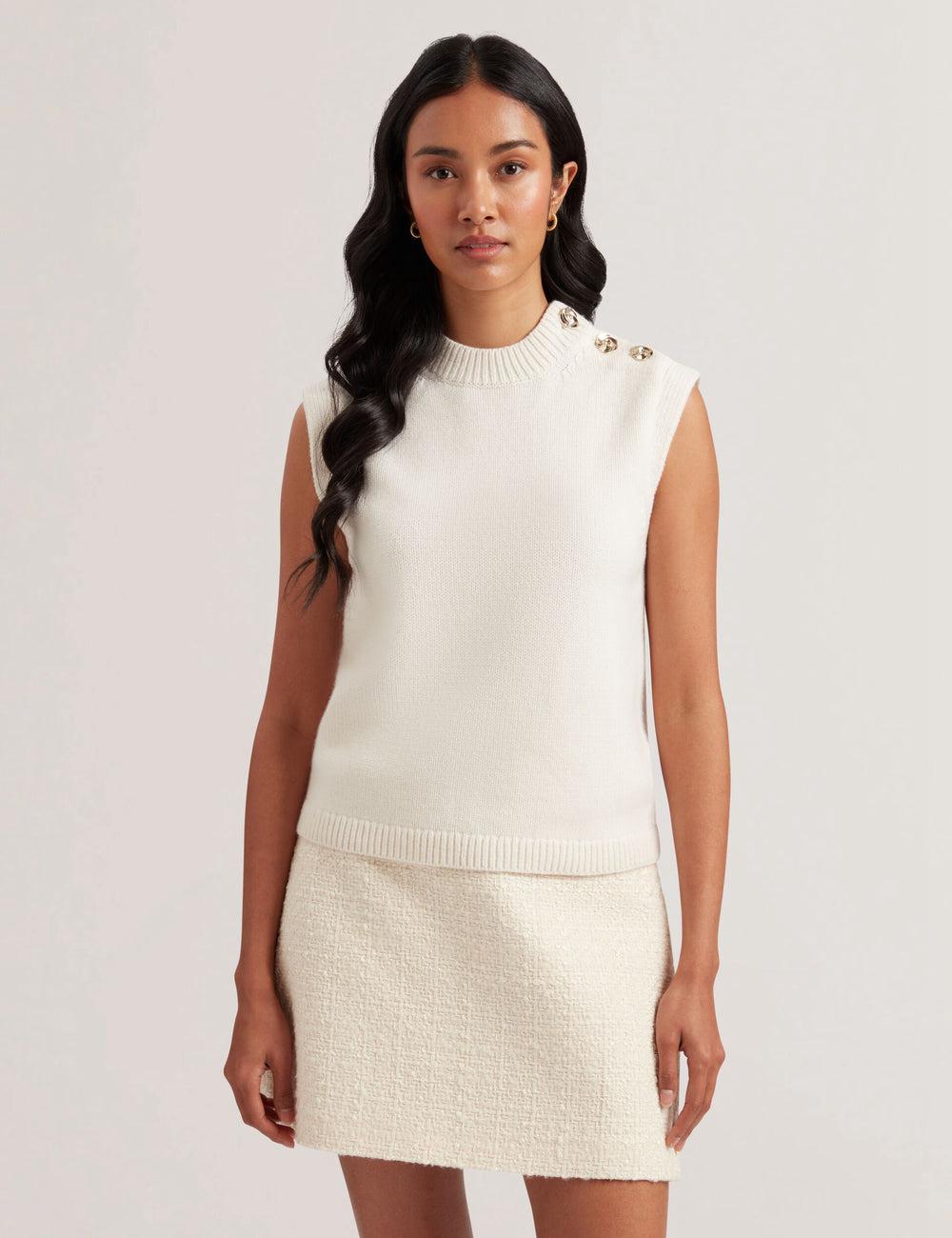 Tops Ted Baker RONDHER - Rose Button Wool Knit Mujer Ivory | IZSF-34768