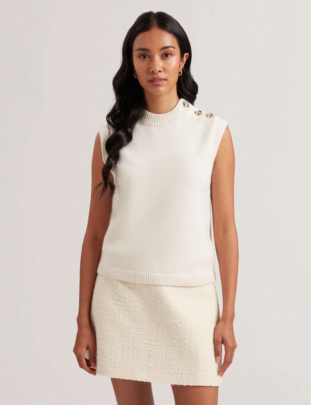 Tops Ted Baker RONDHER - Rose Button Wool Knit Mujer Ivory | IZSF-34768