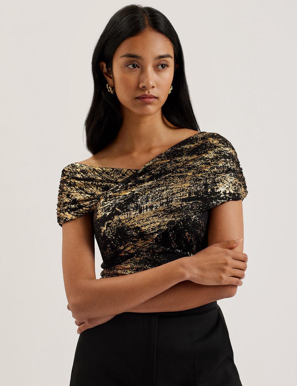 Tops Ted Baker TALULAR - Bardot Foil Printed Mesh Mujer Negras | IWZA-76324