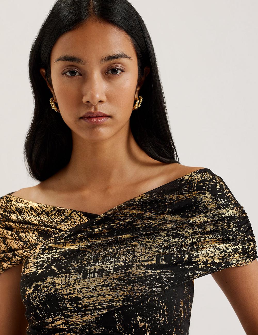 Tops Ted Baker TALULAR - Bardot Foil Printed Mesh Mujer Negras | IWZA-76324