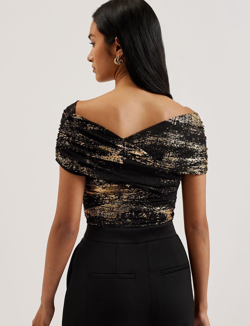 Tops Ted Baker TALULAR - Bardot Foil Printed Mesh Mujer Negras | IWZA-76324