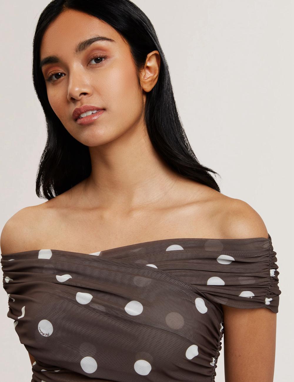 Tops Ted Baker ZAAMO - Off-the-Shoulder Polka Dot Mesh Mujer Marrones | ACTF-87190