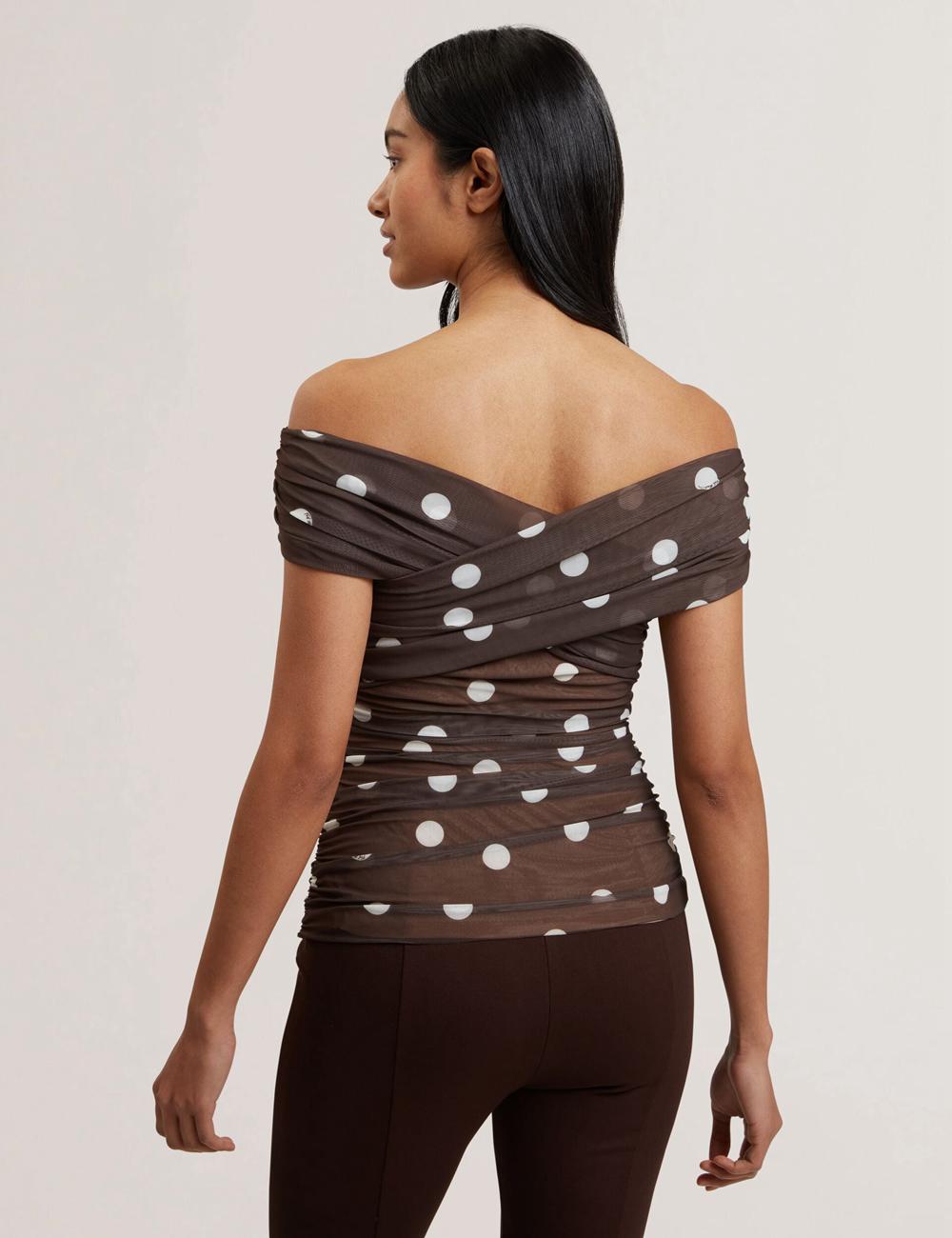 Tops Ted Baker ZAAMO - Off-the-Shoulder Polka Dot Mesh Mujer Marrones | ACTF-87190