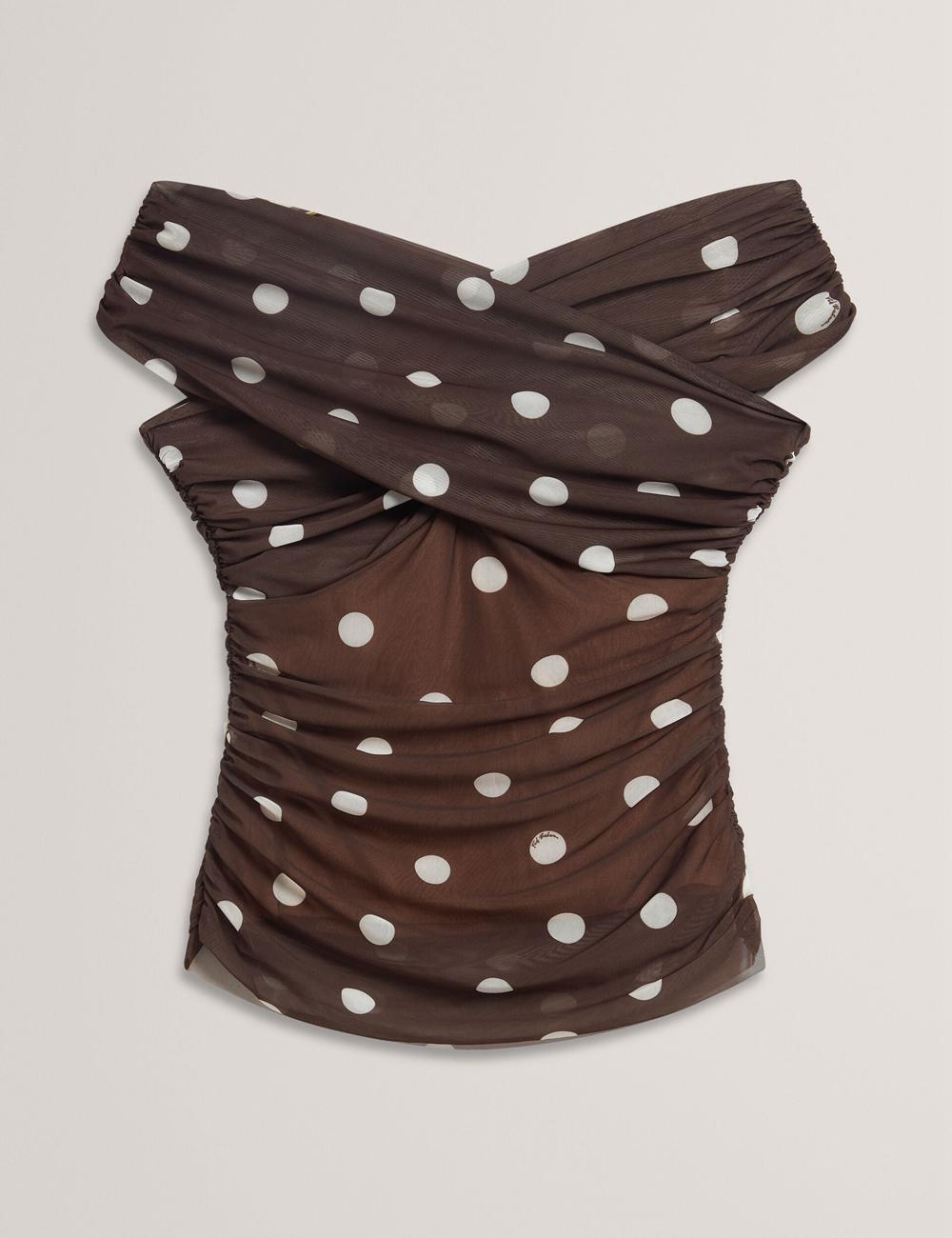 Tops Ted Baker ZAAMO - Off-the-Shoulder Polka Dot Mesh Mujer Marrones | ACTF-87190