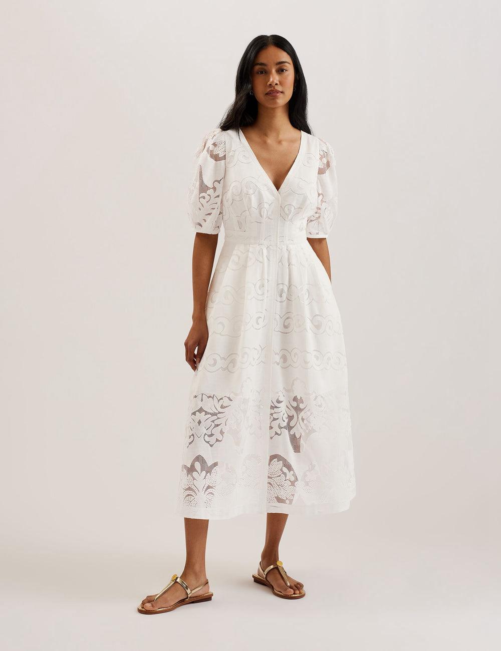 Vestido A Media Pierna Ted Baker AGNEL - Lace Puff Sleeve Cotton Blend Mujer Blancas | CXMB-74035
