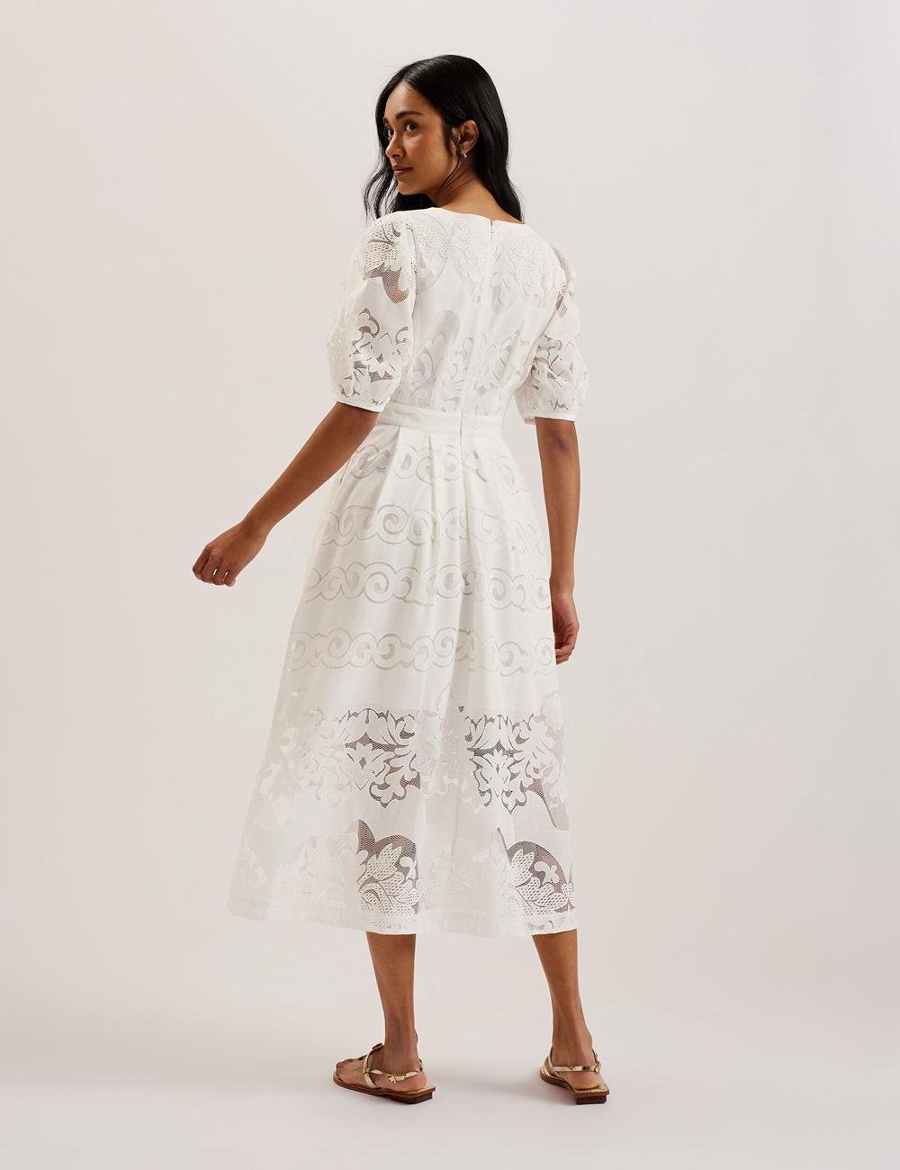 Vestido A Media Pierna Ted Baker AGNEL - Lace Puff Sleeve Cotton Blend Mujer Blancas | CXMB-74035
