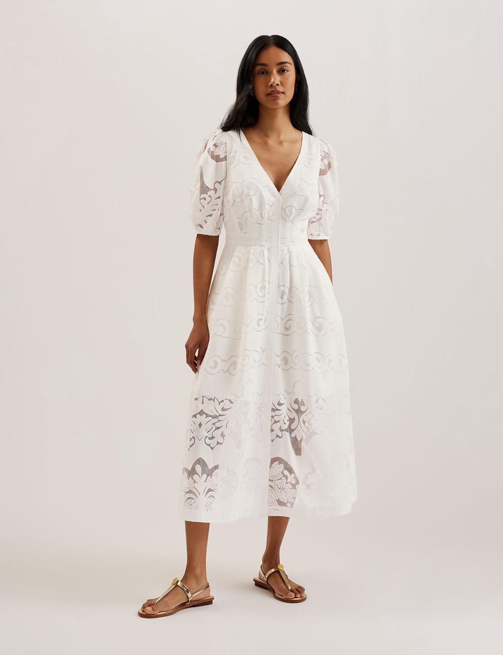 Vestido A Media Pierna Ted Baker AGNEL - Lace Puff Sleeve Cotton Blend Mujer Blancas | CXMB-74035
