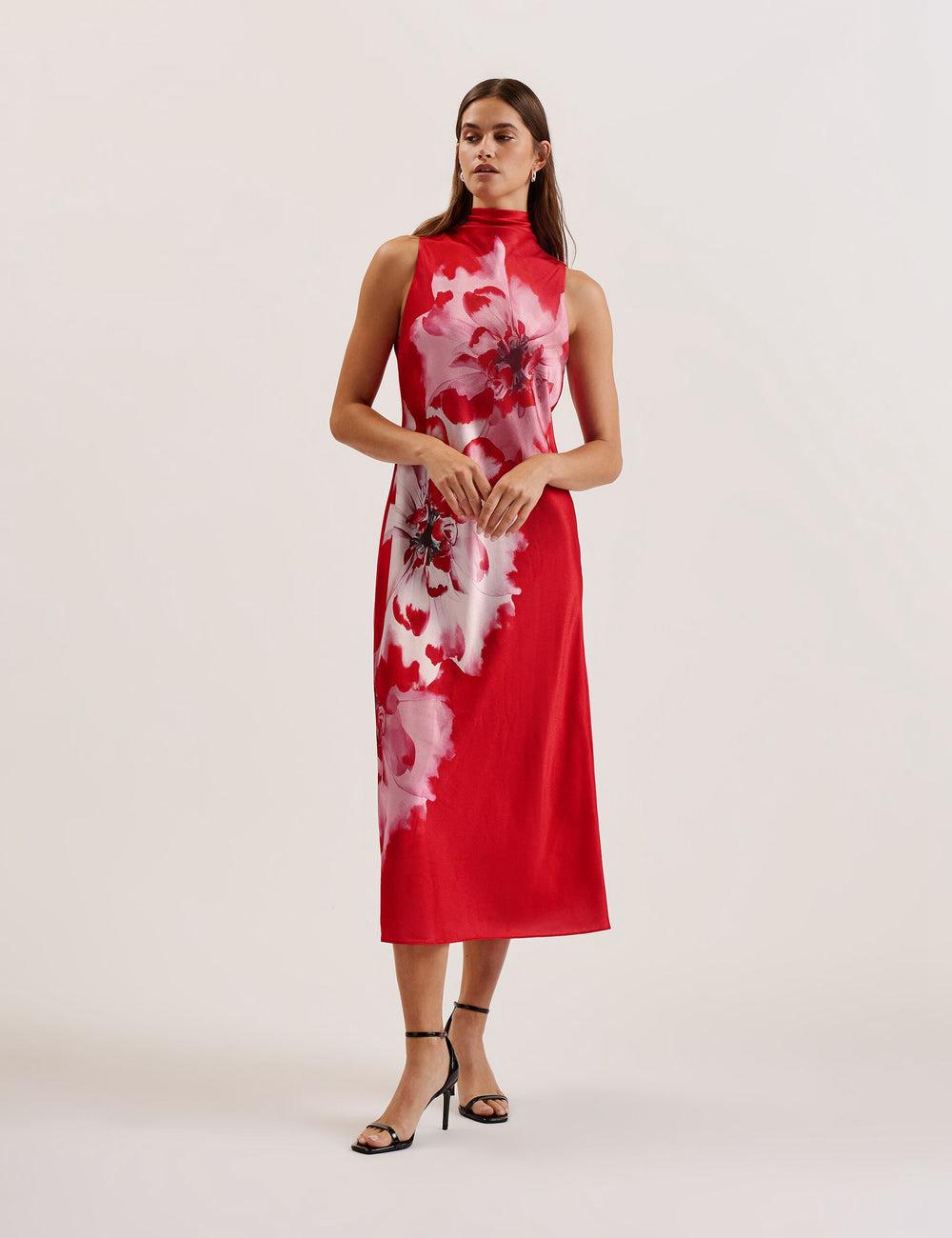 Vestido A Media Pierna Ted Baker ALIARA - Floral Satin High Neck Sleeveless Mujer Rojas | MORN-28149