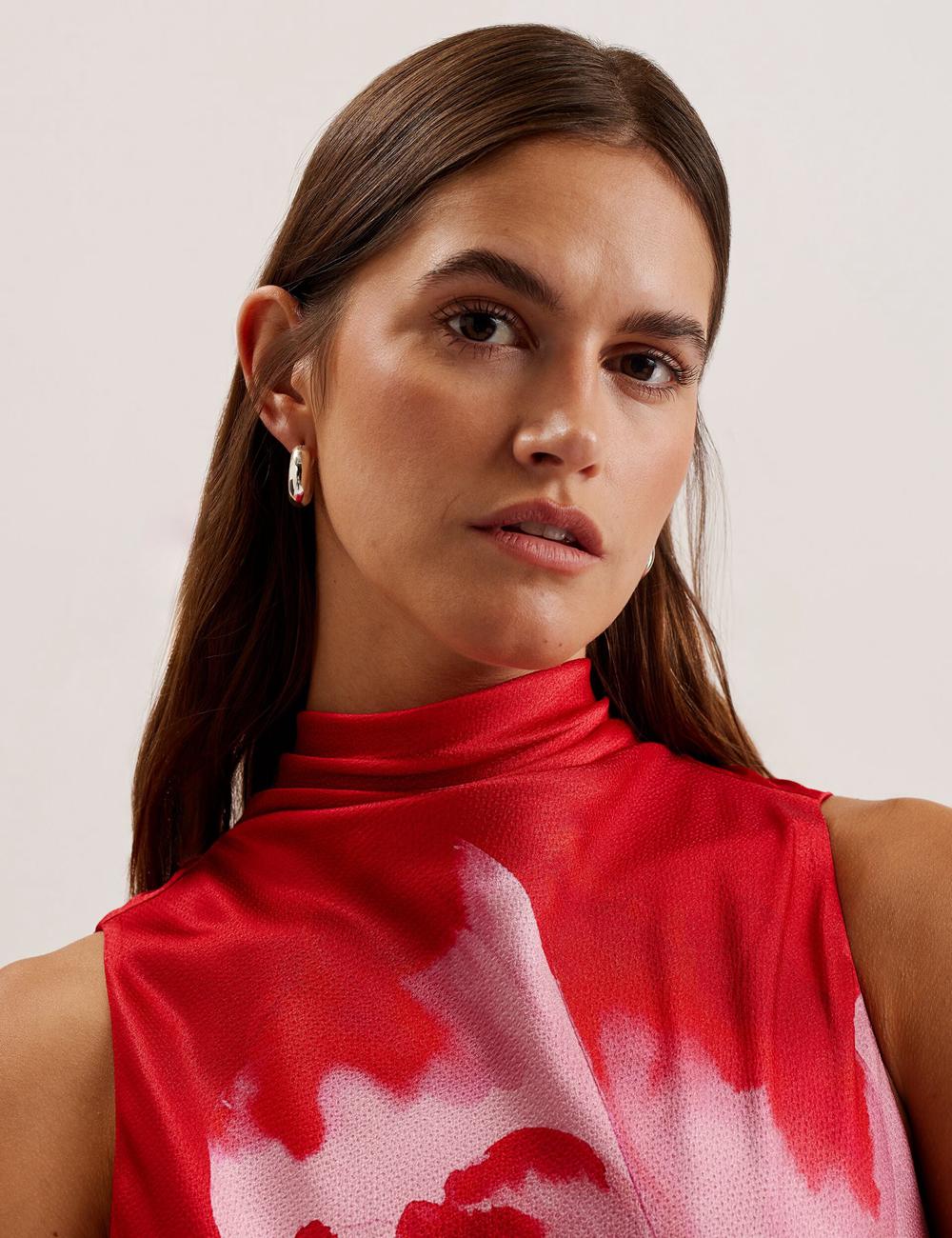 Vestido A Media Pierna Ted Baker ALIARA - Floral Satin High Neck Sleeveless Mujer Rojas | MORN-28149